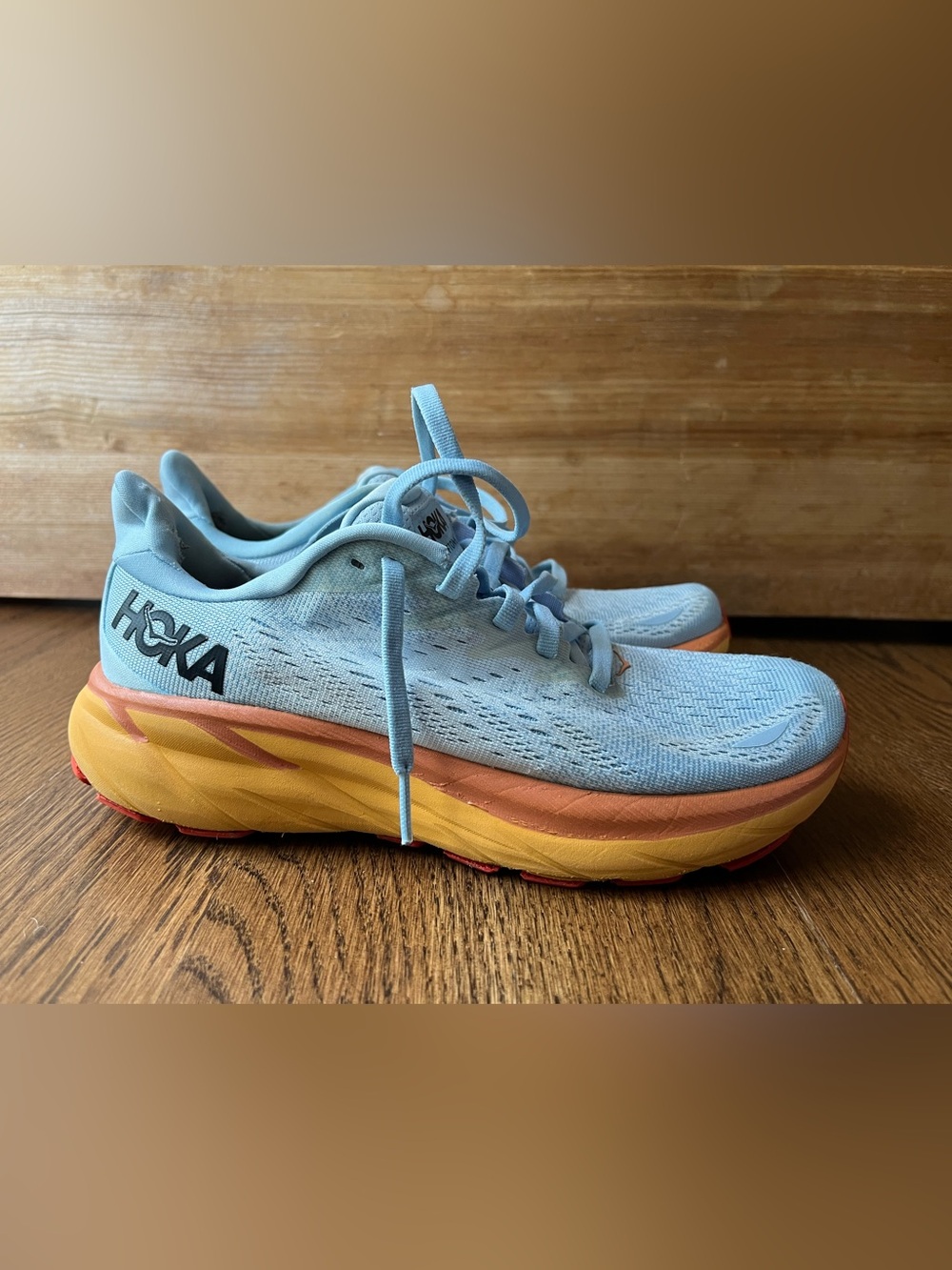 Hoka One Clifton 8 Summer Song Ice Flow Blue Orange Tennis Athletic Shoes 6.5